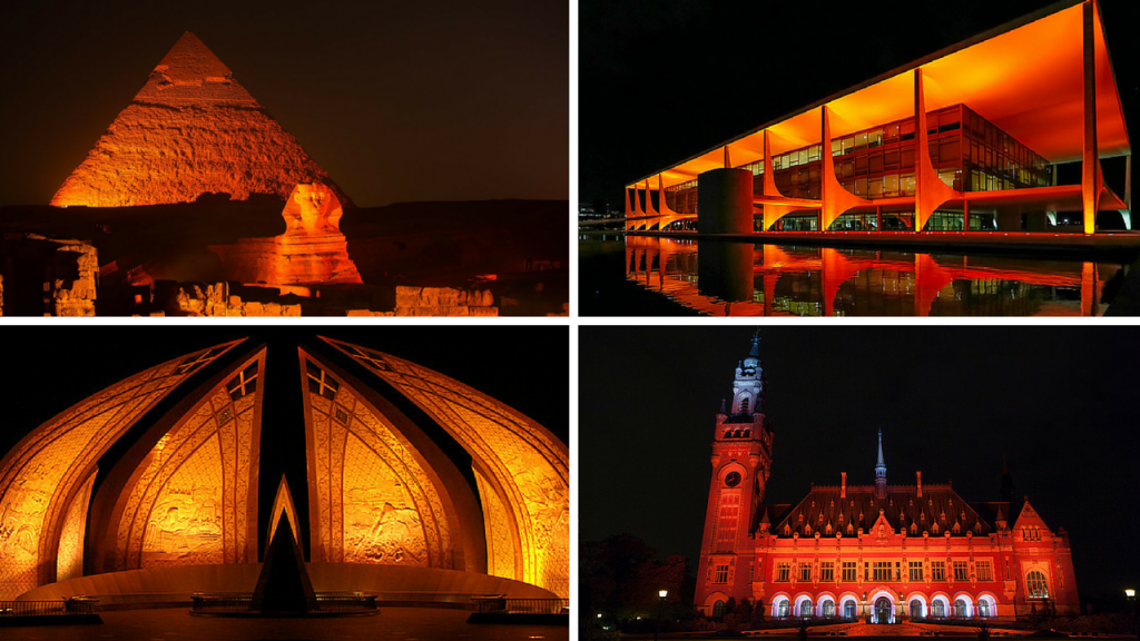 Hundreds of iconic monuments worldwide go orange as part of a UN call to “Orange the World” to spur global action on violence against women and girls