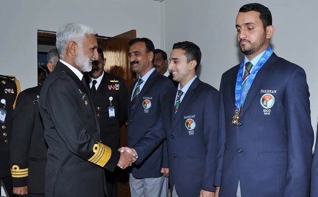Chief of the Naval Staff Admiral Muhammad Zakaullah meeting with the player of  Pakistan Navy Cricket team who won Cricket Challenge 2015 in Canberra, Australia.