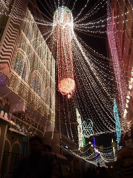 A mosque decorated to celebrate the birthday of Prophet Mohammed (PBUH) in Karachi. Photo: AFP
