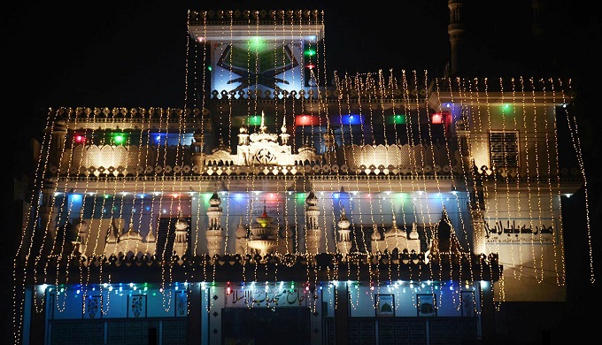 A mosque illuminated in Karachi on Eid-e-Milad-ul-Nabi