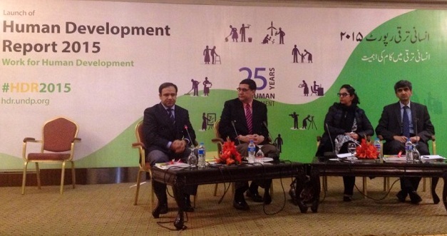Dr Adil Najam, Dean, Dr. Faisal Bari, Jehanzeb Khan, Roshaneh Zafar, and Dr. Umar Saif at the launch of 2015 Human Development Report in Lahore.