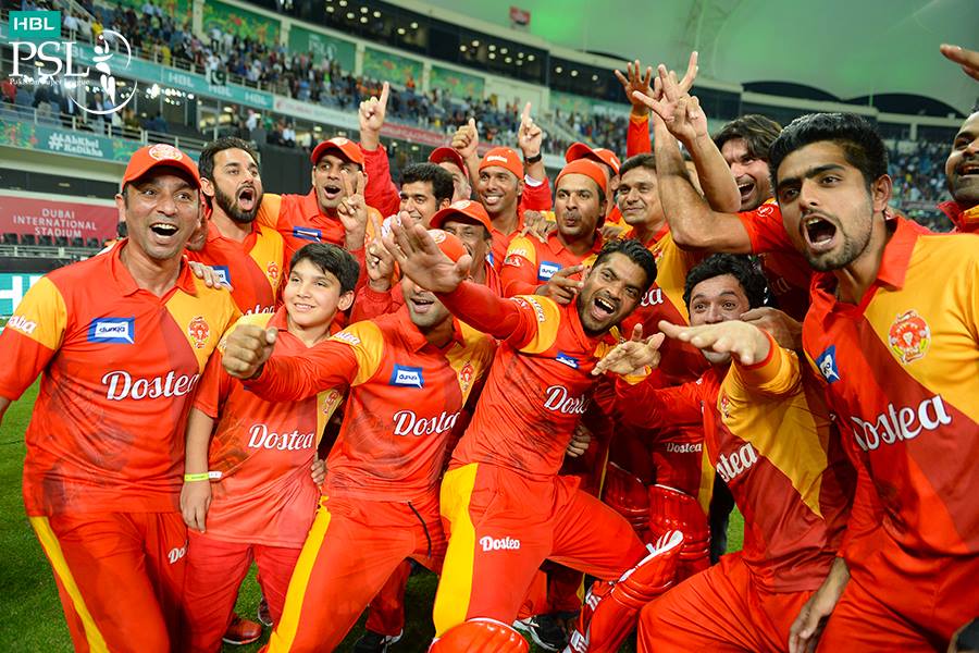 Victorious Islamabad United team posing after winning the final of PSL