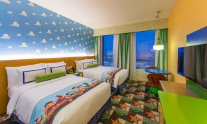 A typical room at the Toy Story Hotel, based on Andy’s room from the Toy Story movies, at Shanghai Disney Resort