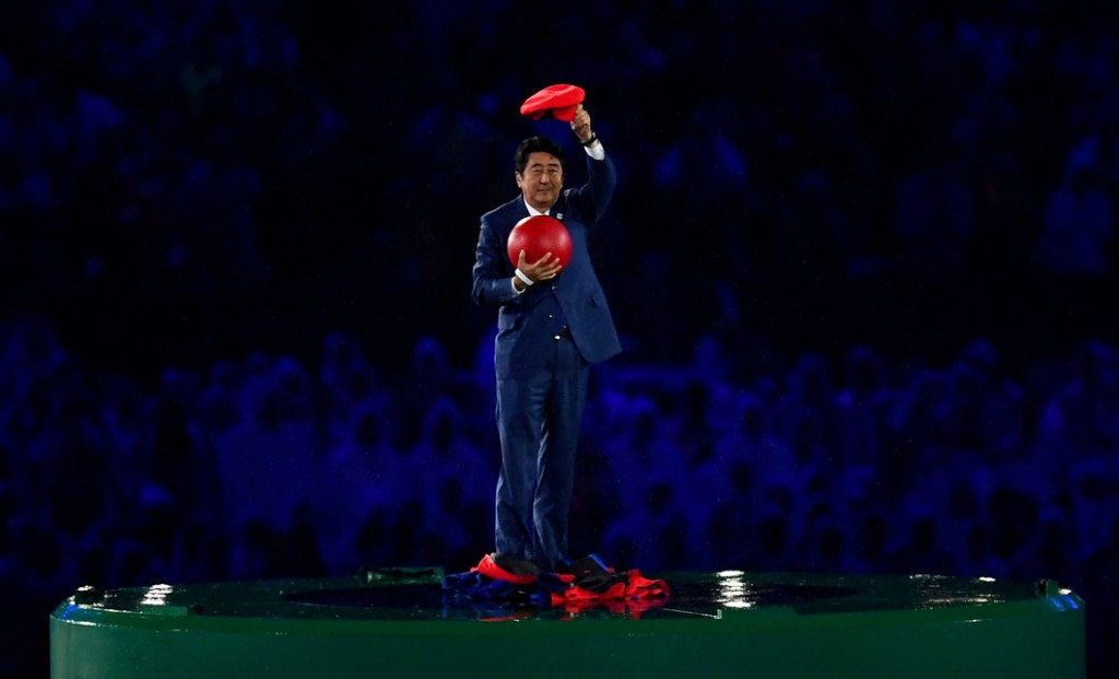 Japan Prime Minister Shinzo Abe appears in the Love Sport Tokyo 2020 segment of the Closing Ceremony of the Rio 2016 Olympic Games at Maracana Stadium on Aug. 21, 2016 in Rio de Janeiro.