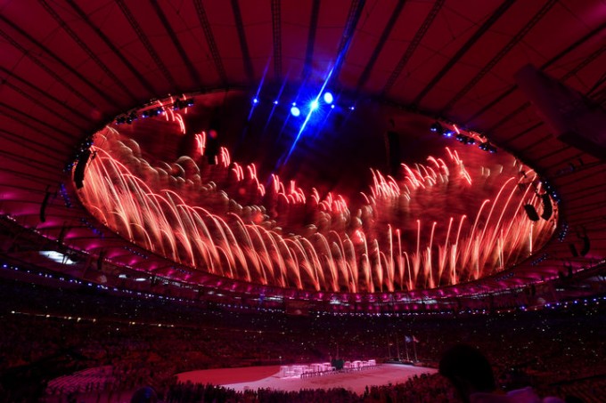 Fireworks explode during the 'Love Sport Tokyo 2020' segment during the Closing Ceremony on Day 16 of the Rio 2016 Olympic Games at Maracana Stadium on August 21, 2016 in Rio de Janeiro, Brazil.