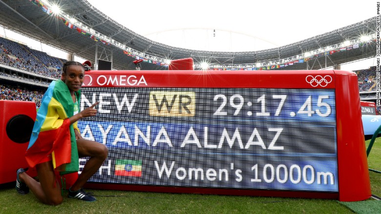 Ethiopia's Almaz Ayana broke the world record on her way to winning the women's 10,000m gold medal in 29 minutes, 17.45 seconds