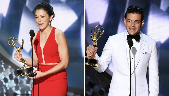 (Left to right) Tatiana Maslany accepts Outstanding Lead Actress in a Drama Series for Orphan Black. Rami Malek accepting his award for Outstanding Lead Actor in a drama series for Mr Robot