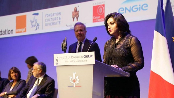Ms. Gulalai Ismail cofounder of NGO “Aware Girls” delivers speech after receiving the prestigious Chirac Prize for “Conflict Prevention” in Paris, France on 24th November, 2016