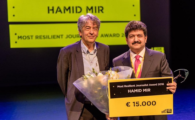 Pakistan's top journalist Hamid Mir on won Free Press Award in the “Most Resilient Journalist Award” category.