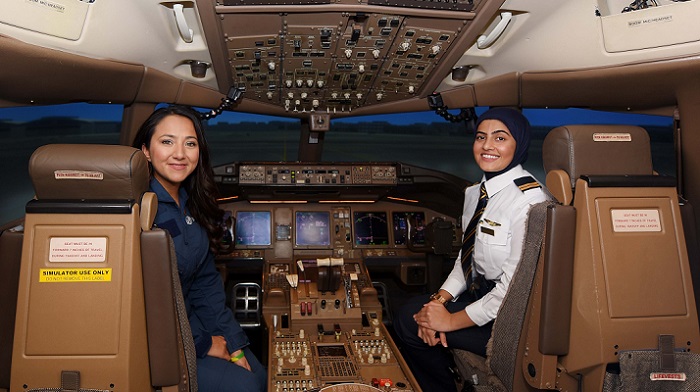 Shaesta Waiz, founder of Dreams Soar Inc and Bakhita Al Muheiri, Emirates Boeing 777 First Officer at the Emirates Aviation College. Photo credit: Emirates