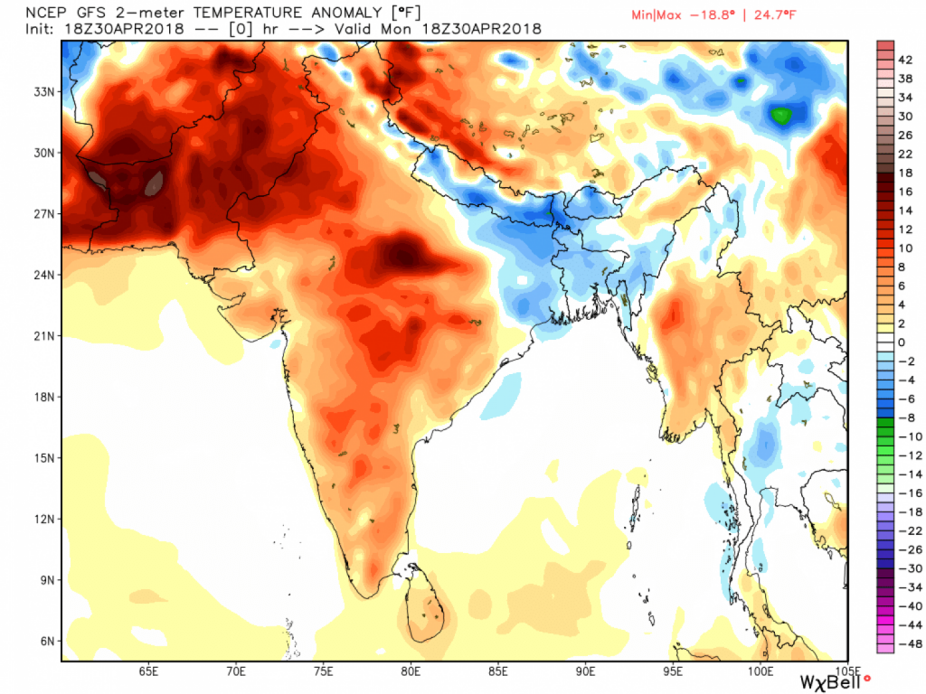 American (GFS) model temperature difference from normal over Pakistan and India on Monday. (WeatherBell.com)