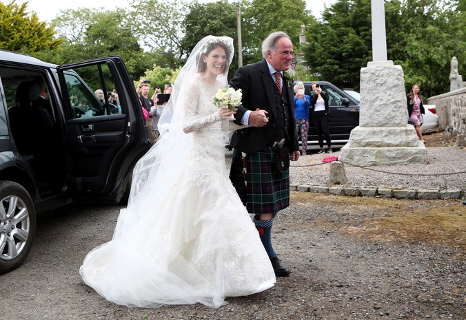 Rose Leslie with her father Sebastian Leslie arrive at Rayne Church, Kirkton of Rayne in Aberdeenshire, for her wedding ceremony with Game Of Thrones co-star Kit Harington. Photograph: Jane Barlow/PA Wire