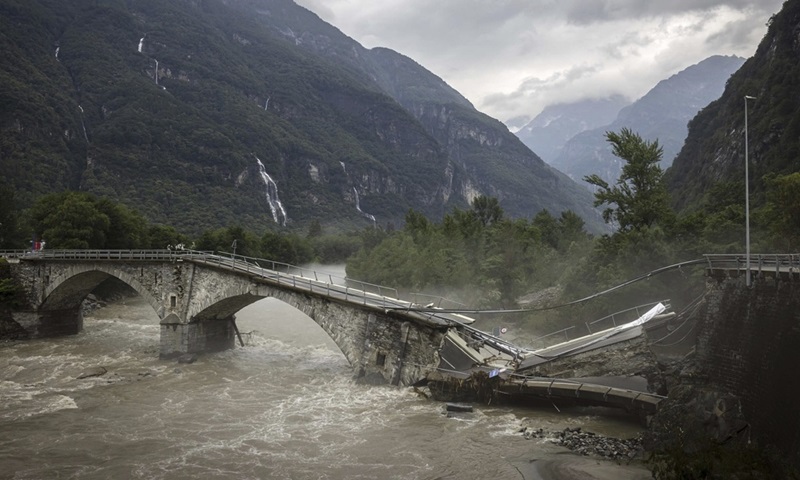Bridge in Visletteo destroyed due to the storm, in Visletto, in the Maggia Valley, southern Switzerland 